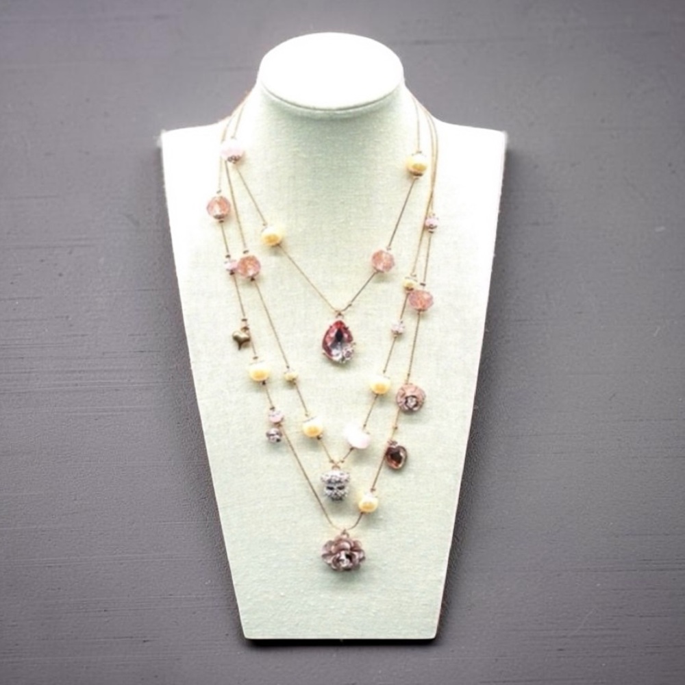 Vintage Betsey Johnson Multi Strand Rose Gold Necklace Skulls Roses Pearls 22”